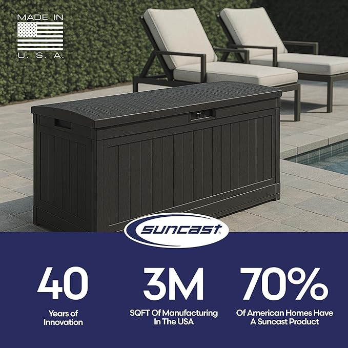Suncast 80-Gal. Waterproof Resin Large Outdoor Patio Deck Box with Pad-Lockable Lid, Modern Outdoor Patio Bench/Storage Box for Cushions, Garden Tools, and More, Iron Ore
