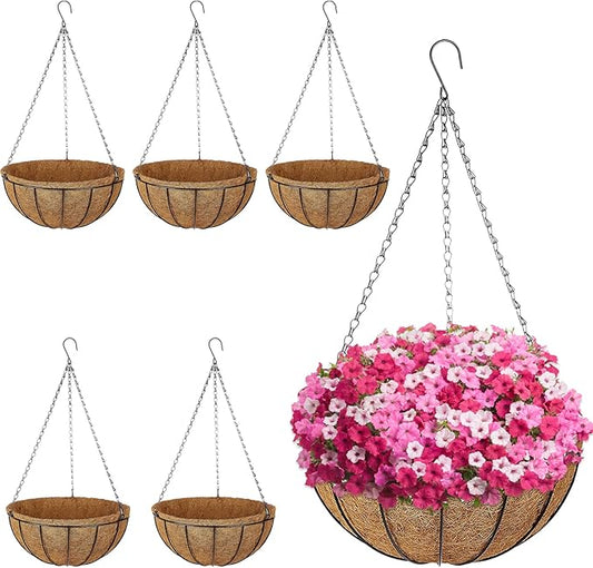 ZeeDix 6 Pack 14 Inch Metal Round Hanging Planter Basket with Coconut Liners Replacement, Hanging planters Baskets with Natural Coco Liner for Outdoor Indoor Planters Flowers Vegetables