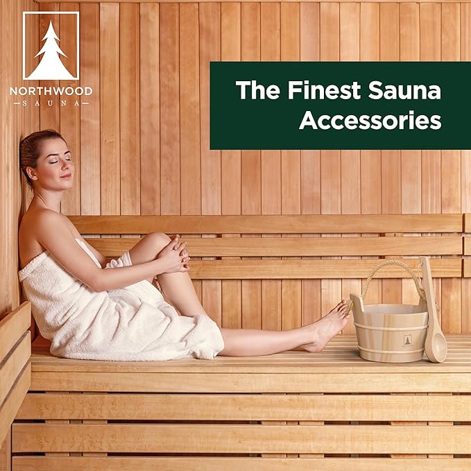 Sauna Accessories Kit - Handmade from Finnish Pine Wood - Complete Set (Bucket & Ladle, Thermometer & Hygrometer, Sand Timer, Aromatherapy Cup, Backrest, Headrest)