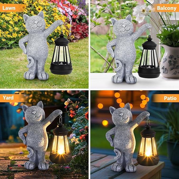 Solar Cat Garden Statues with Solar Lantern, Outdoor Cat Garden Figurines Decorations for Yard Patio Lawn Balcony, Unique Birthday Gifts for Mom Women.
