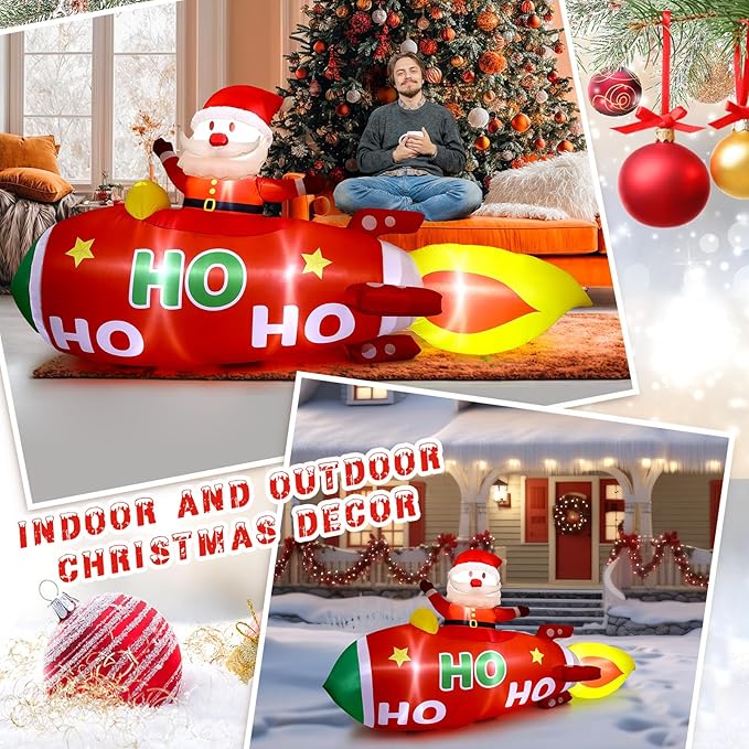 Leyndo 10 FT Christmas Inflatable Santa Claus on Rocket Outdoor Blow Up Decoration with LED Lights Cute Xmas for Holiday Party Yard Garden Lawn Decor