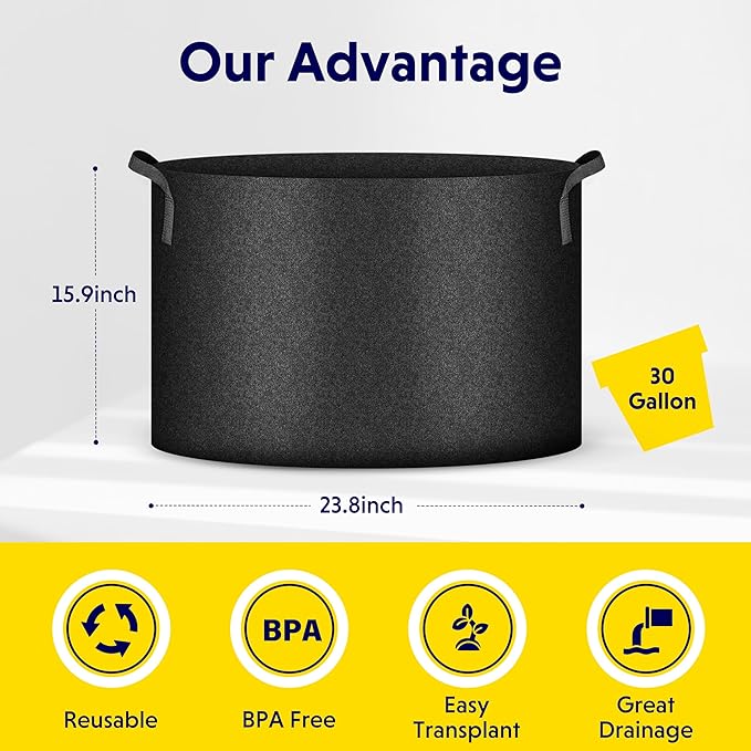 iPower 5-Pack 30 Gallon Plant Grow Bags Thickened Nonwoven Aeration Fabric Pots Heavy Duty Durable Container, Strap Handles for Garden, Black