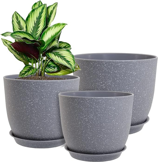 WOUSIWER Plant Pots 10/9/8 inch, Set of 3 Modern Decorative Plastic Planters with Drainage Holes and Saucers for House Plants Indoor Flowers Plants, Grey Speckles