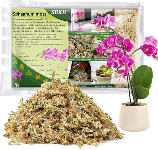 Sukh 25oz Sphagnum Moss for Plants - Sphagnum Peat Moss Natural Long Fibered Dried Moss Potting for Orchids Succulent Carnivorous Potted Plant Reptiles Medium Sarracenia DIY Moss Terrarium Decorations