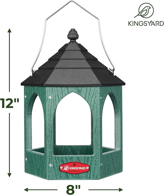 Kingsyard Platform Bird Feeder for Outdoor Hanging - Gazebo Style Recycled Plastic Wild Bird Feeding Station with Rain-Proof Roof & Metal Mesh Tray. Green