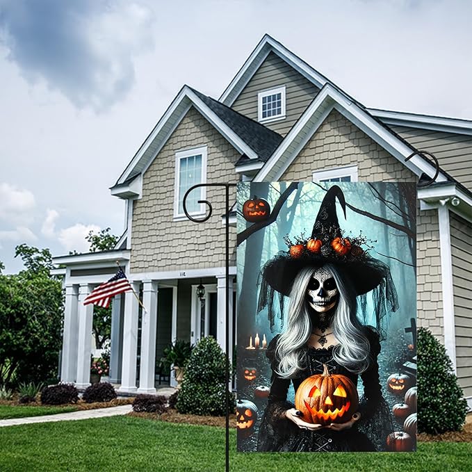Halloween Garden Flag 12x18 Inch Gothic Witch Holding Pumpkin Scary Skeleton Woman Yard Banner Spooky Outdoor Halloween Decoration for Porch Lawn Graveyard