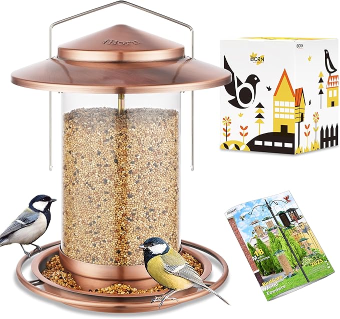 iBorn Bird Feeders for Outdoors Hanging,Metal Bird Feeders for Cardinal Chew Proof 18cm Large Roof&Tray Birdfeeders Outside Hanging,Brushed Copper 6 Port (Seed is not Included)