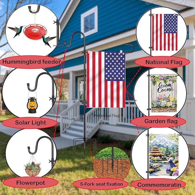 Upgraded 46 Inch Heavy Duty Metal Garden Flag Holder with Shepherd Hook, Yard Stand Fits 12x18 Flags - Solar Lights & Flags Not Included
