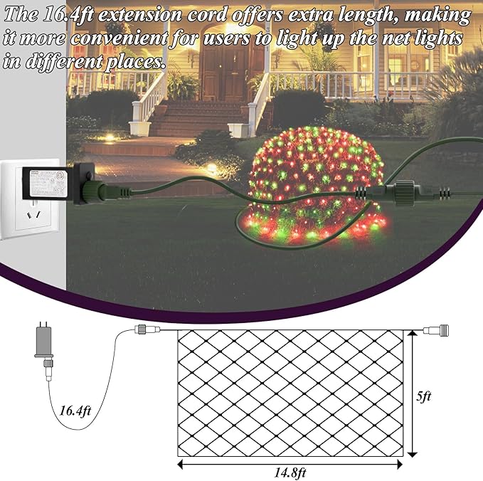 300LED Christmas Net Lights, 14.8ft x 5ft Mesh Lights Outdoor Green Wire 8 Modes Timer, Waterproof Connectable String Lights for Bushes Xmas Tree Garden Holiday Party Decor - Red Green