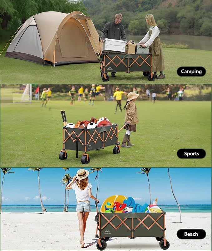 48”L Foldable Wagons Carts Extended, Collapsible Folding Wagon 500lbs Heavy Duty, 320L Large Beach Wagon, Utility Wagon with All Terrain Big Wheels for Sports, Camping, Grocery, Garden, Green