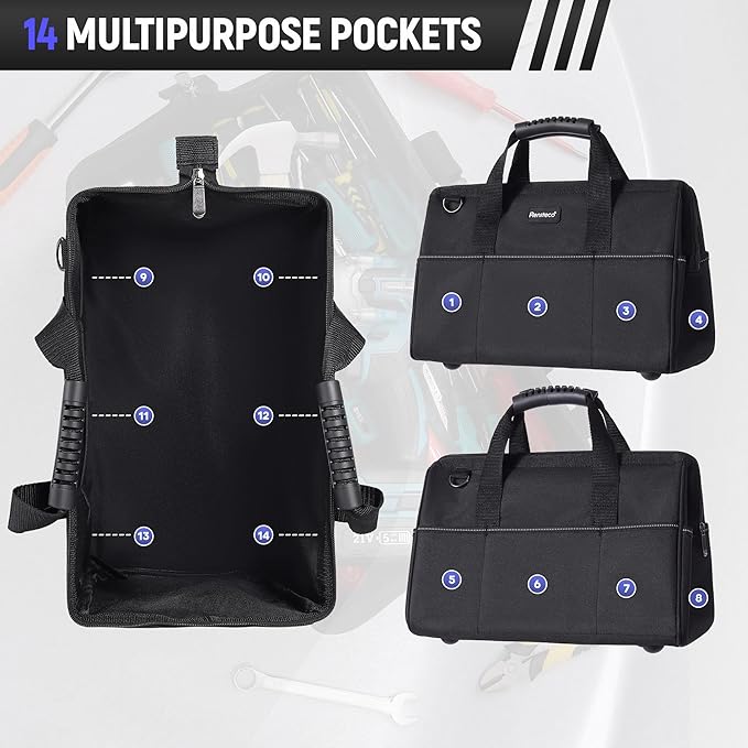 16 inch Heavy Duty Tool Bag for Work | Father's Day Bitthday Gift for Dad | Waterproof Oxford Fabric, Wide Mouth Design, Multi-Pocket Organizer with Padded Strap (Black)