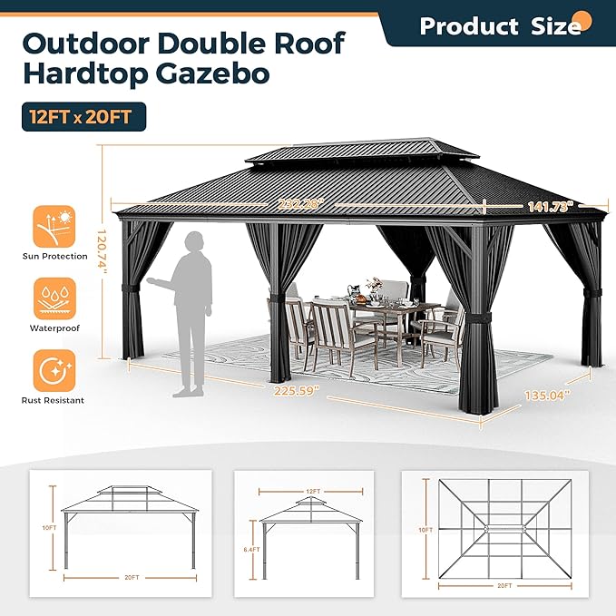 HAPPATIO 12' x 20' Hardtop Gazebo, Outdoor Aluminum Frame Gazebo with Galvanized Steel, Double Roof Permanent Patio Metal Canopy with Netting and Curtains for Backyard, Patio, Deck (Gray)