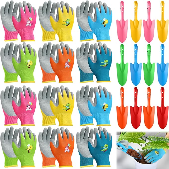 Gisafai 24 Pcs Mini Colorful Metal Hand Shovel and Glove Set Shovel Spade Gloves Digging Trowel Set Kids Gardening Gloves 12 Pcs 11 x 3 Inch