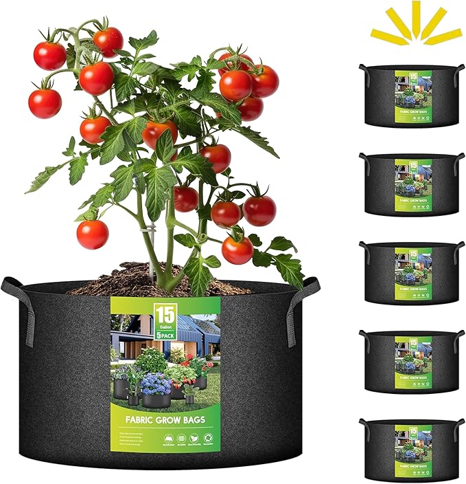iPower 5 Pack 15 Gallon Grow Bags Heavy Duty 300G Thickened Nonwoven Fabric Plant Pots with 5 Labels & Handles for Outdoor Garden, Aeration Planter Bags for Fruits, Vegetables, Tomato & Flowers, Black
