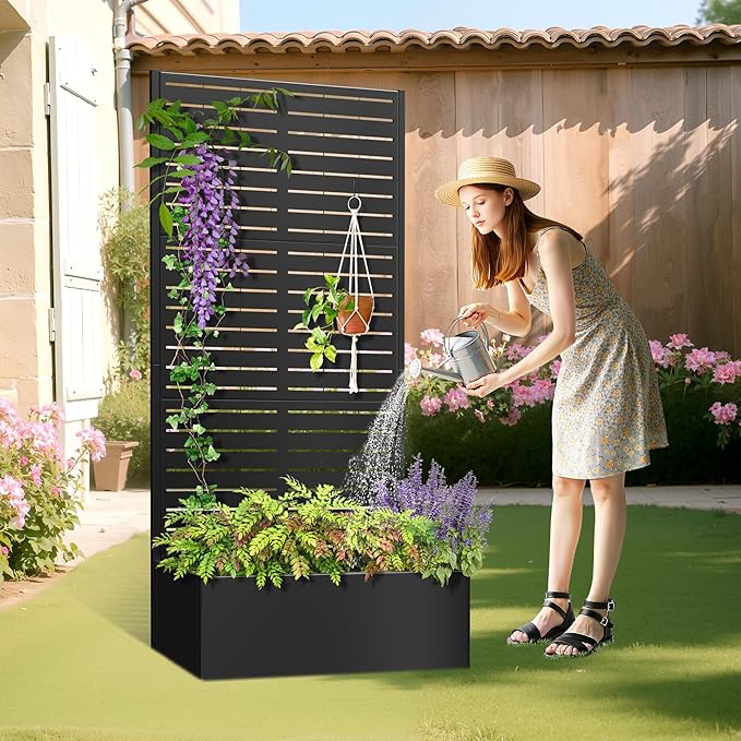 TOAOTBNBO Metal Planter Box with Trellis, Heavy-Duty Raised Garden Bed for Climbing Plants, Drainage Hole, Outdoor Planter Box with Privacy Screen,35''L×16''W×71''H