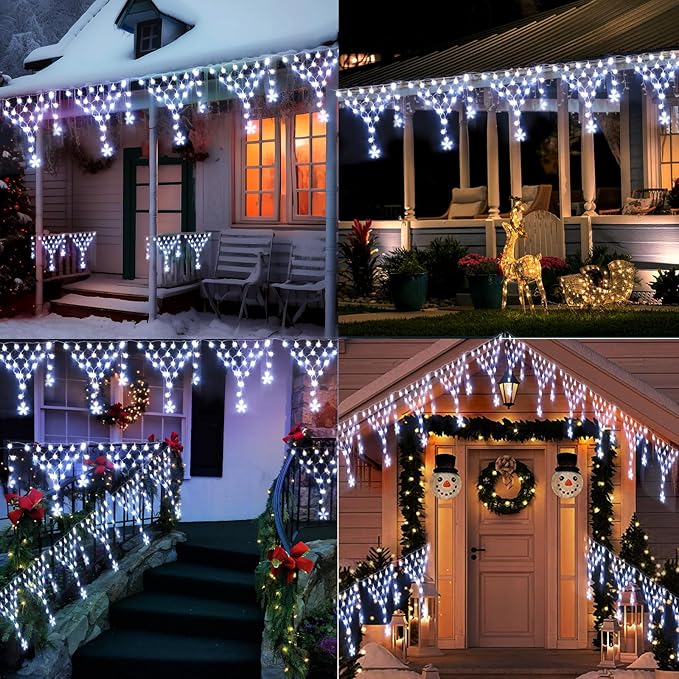 Christmas Lights Outdoor Decorations 218 LED 13.8ft Curtain Fairy Lights with 12 Drops, Clear Wire LED String Light Decor with 8 Modes for Wedding Party Holiday Christmas Indoor Outdoor Decor