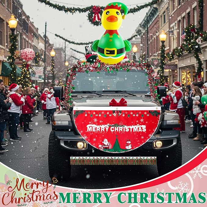 Hungdao 9 Pcs Christmas Golf Cart Parade Decorations Include 1 Pcs 4 Feet Inflatable Giant Duck with Float Bunting Flag Tinsel Garland for Christmas Car Yard Party Decoration