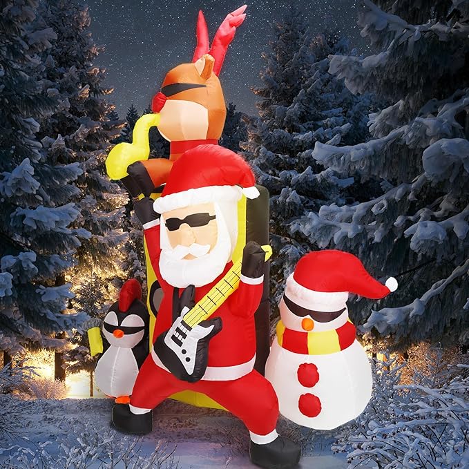 Bonus Bluetooth Speaker! 7FT H Christmas Inflatable Santa with Friends Reindeer& Penguin&Snowman Holding Concert, Animated Christmas Inflatable with Build-in LED Lights fo Christmas Decor