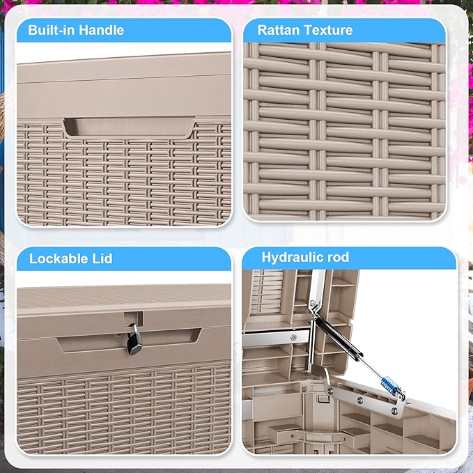 280 Gallon Large Resin Deck Box, Lockable Outdoor Storage Box for Patio Cushions Storage Furniture,Garden Tools, Pool Supplies, Weatherproof and UV Resistant- Grey Rattan (280Gallon)