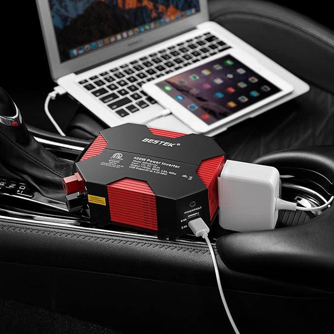 BESTEK 400W Car Power Inverter DC 12V to AC 110V Car Plug Inverter Adapter Power Converter with 4 USB Charging Ports and 2 AC Outlets Car Charger, ETL Listed