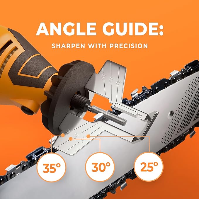 Sharp Pebble Electric Chainsaw Sharpener Kit - Comes with Chain Saw Sharpener Tool, 4 File Size Sharpening Wheel Bits, Angle Attachment, Wrench & eBook