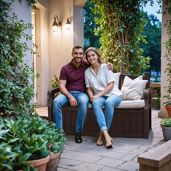 DEVOKO 80 Gallon Storage Bench Deck Box lockable for Patio Furniture, Garden Decor and Outdoor Seating for Cushions, Garden Tools and Pool Supplies.
