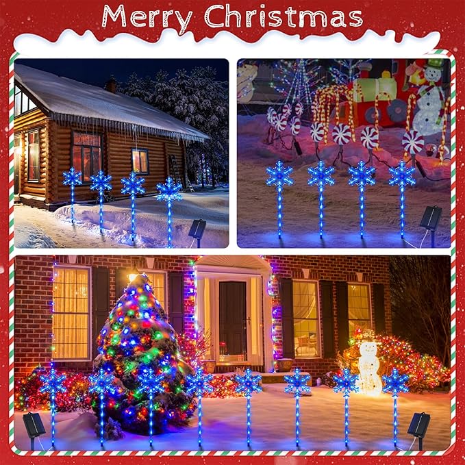 Solar Christmas Pathway Lights Outdoor Decorations, Solar Powered Snowflake Lights, Waterproof Xms Garden Stake Lights Outdoor Christmas Decorations for Patio Yard Porch Lawn, 4 Pack(Blue)