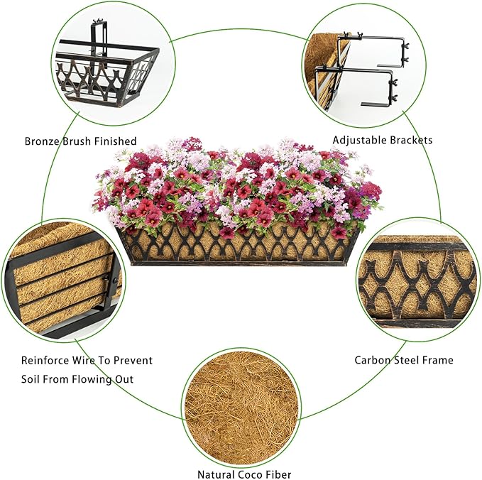 Window Boxes Planters: 2 Pack 30 Inch Railing Planter Box with Adjustable Brackets for Porch Fence Patio Balcony Hanging Flower Baskets with Coco Liners for Outdoor Garden Decor - Bronze