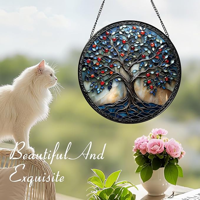 Colorful Tree of Life Suncatcher -7.9 in Stained Glass Window Hanging Sun Catcher Garden Decor