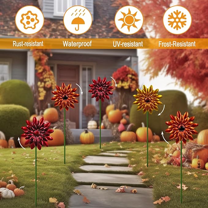 5 Pack Metal Autumn Mums Wind Spinner Garden Stakes,Outdoor Lawn Ornaments,Fall Yard Decorations,Garden Decor for Outside