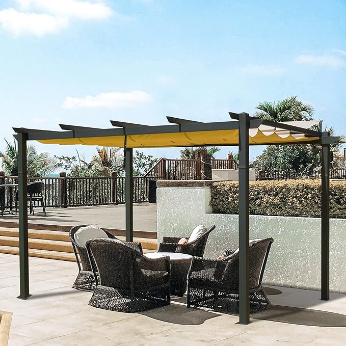 Domi Outdoor Living 10’ X 13’ Outdoor Retractable Pergola with Weather-Resistant Canopy Aluminum Garden Pergola Patio Grill Gazebo for Courtyard