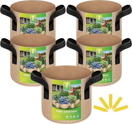 iPower 5-Pack 2 Gallon Plant Grow Bags Thickened Nonwoven Aeration Fabric Pots Heavy Duty Durable Container, Strap Handles for Garden, Tan