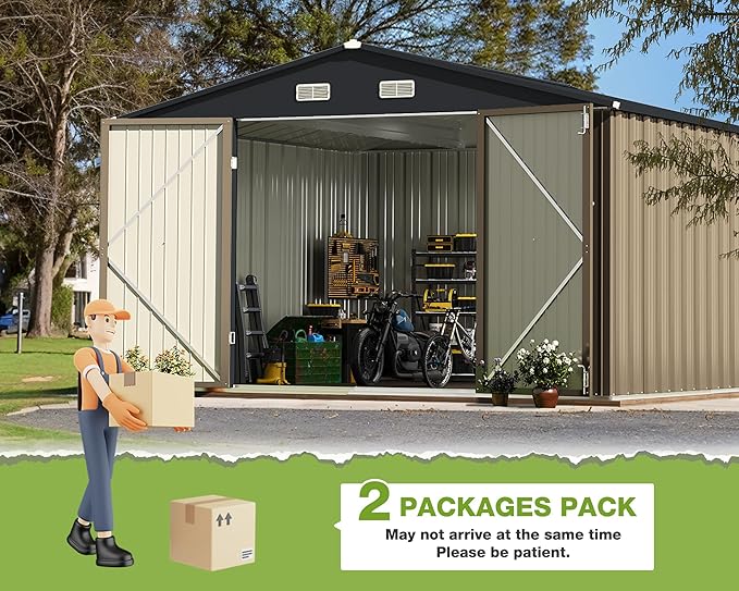 Greesum Metal Outdoor Storage Shed 10FT x 10FT, Steel Utility Tool Shed Storage House with Door & Lock, Metal Sheds Outdoor Storage for Backyard Garden Patio Lawn (10' x 10'), Brown