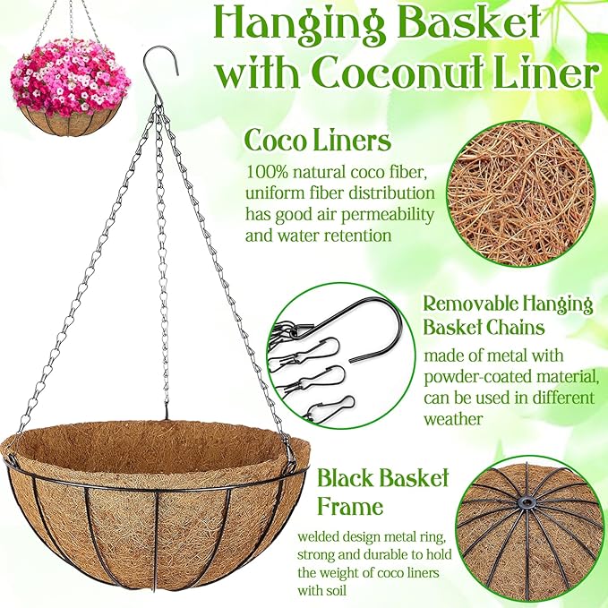 ZeeDix 3 Pack 16 Inch Metal Round Hanging Planter Basket with Coconut Liners Replacement, Hanging planters Baskets with Natural Coco Liner for Outdoor Indoor Planters Flowers Vegetables