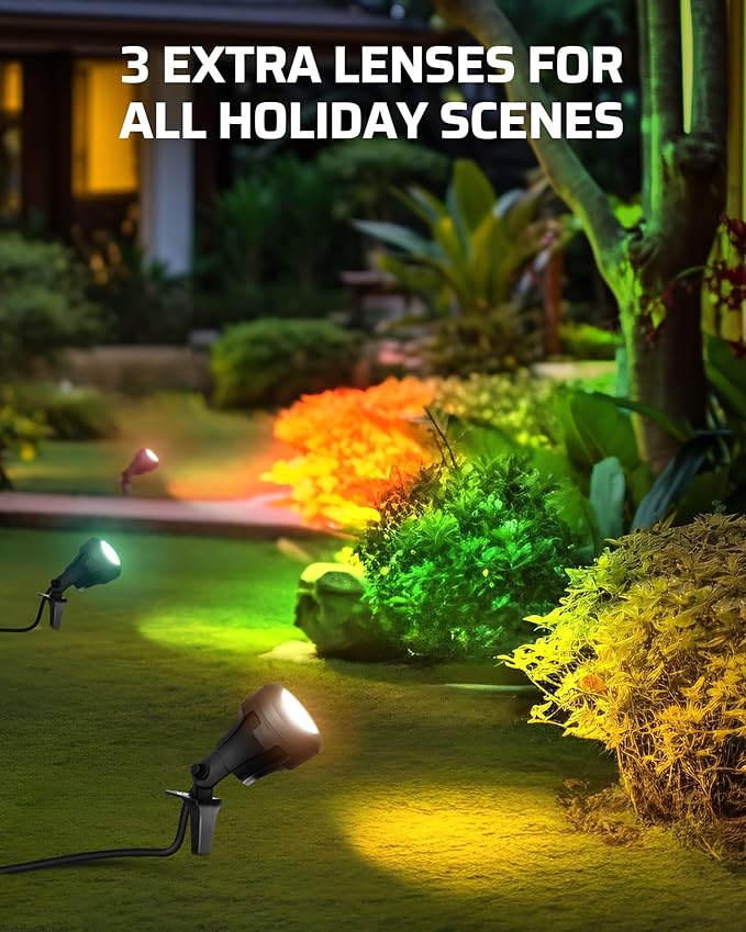 DEWENWILS 120V LED Outdoor Spotlight Halloween, 3 Extra Lenses (Red Green Yellow), 4.8W 5000K Plug in Spotlight, Waterproof Landscape Light for Yard, Tree Flag, Holiday, 5FT Extension Cord, UL Listed