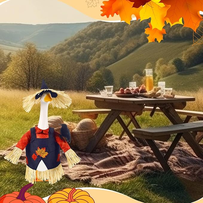 3 Pcs Thanksgiving Scarecrow Porch Goose Outfits for 23 Inch Lawn Statue Goose Design with Hat Thanksgiving Day Fall Garden Patio Yard Outdoor Party Decorations(Male Scarecrow)