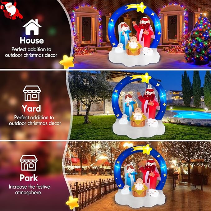 Danxilu 6FT Christmas Inflatables Nativity Scene Outdoor Decorations, Bright LED Lights The Birth of Jesus Scene with Star of Bethlehem Archway Blow up for Outside Yard Garden Lawn Xmas Holiday Decor