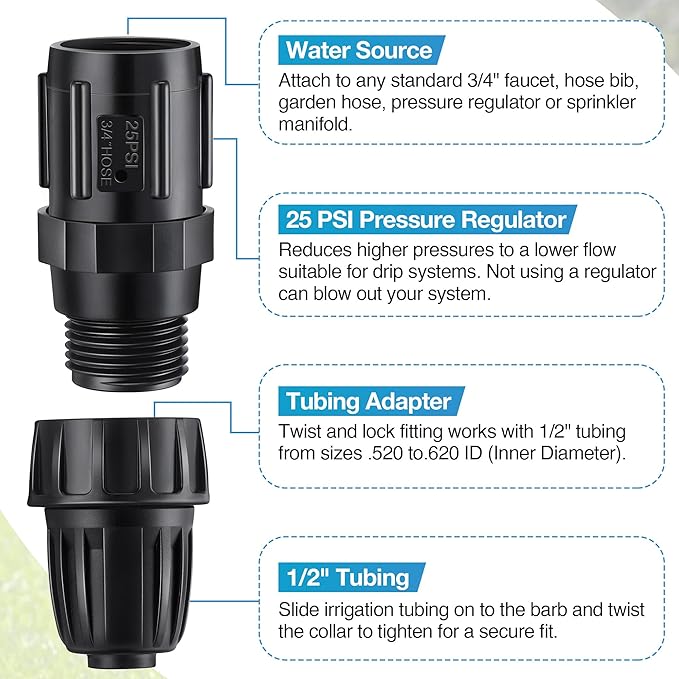 6 Pcs 25 PSI Drip Irrigation Pressure Regulator Faucet Adapter Kit, 3 Pcs 3/4" FHT x 3/4'' MHT Pressure Regulator, 3 Pcs 1/2 Inch Drip Irrigation Tubing Adapter for Drip Irrigation System