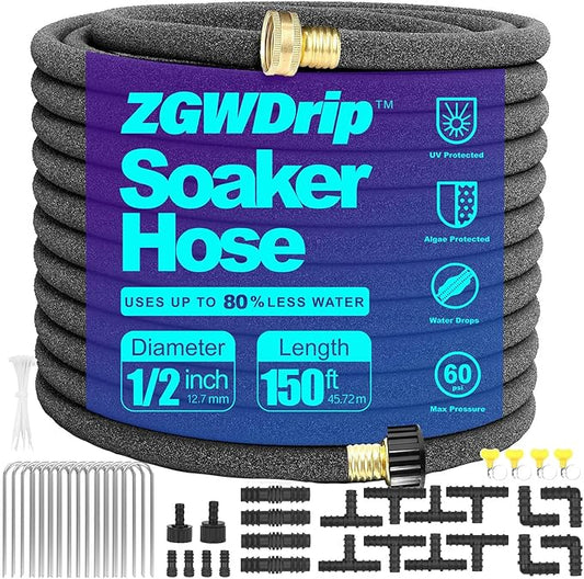 Soaker Hose 150 FT,1/2 Inch Soaker Garden Hose with 3/4" Solid Brass Connectors Save 80% Water Drip Irrigation Kit for Lawn/Yard Landscaping beds