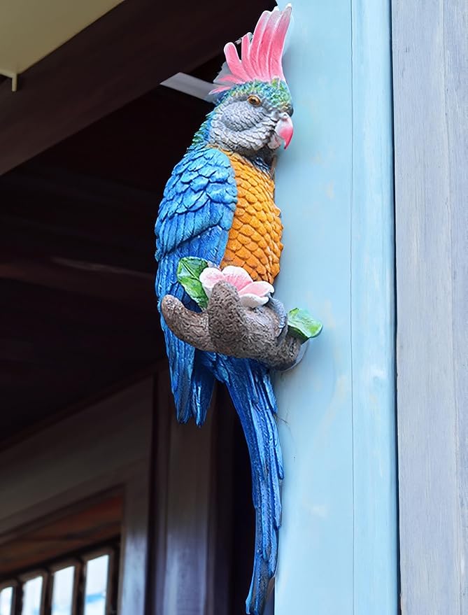 Tropical Hanging Parrot Decor,Real Resin Bird Figurines,Bird Statues,Home Ornament Decor for Tiki Bar,Perfect for Yard Ornaments,Tree Decorations Outdoor,Patio,Lawn,Tree Trunk, Porch