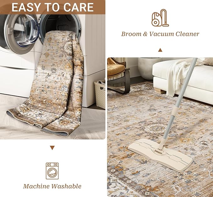 10x14 Area Rugs,Ultra-Thin Washable Rugs for Living Room,Non-Slip Lightweight Foldable Area Rug,Stain Resistant Vintage Large Rugs (Apricot/Blue, 10'x14')