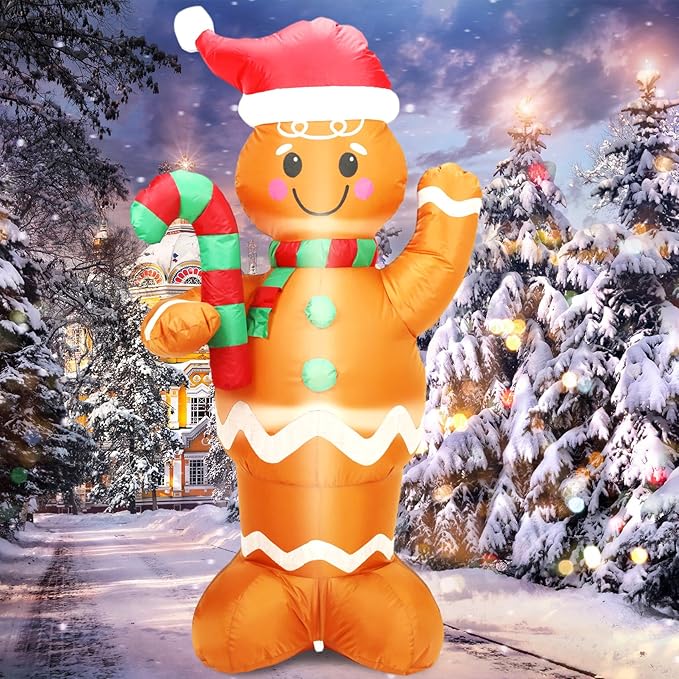 5FT H Lovely Christmas Inflatable Gingerbread Man with Candy Cane, Blow up Gingerbread Man,Christmas Inflatables Gingerbread with Bulid-in LEDs for Indoor Outdoor Decoration