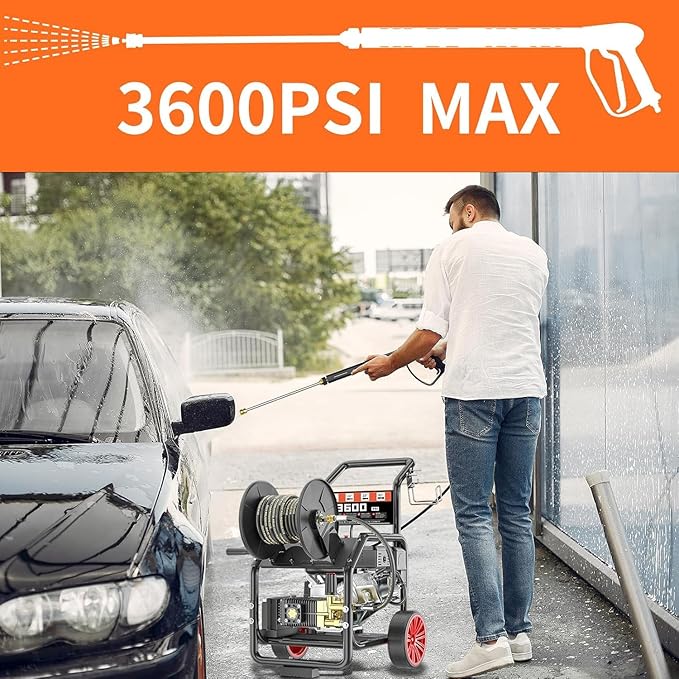 3600PSI Gas Pressure Washer with Hose Reel, One-Button Start 212cc 7HP 4-Cycle Engine, 3.3 GPM Heavy Duty Power Washer with 50FT 3/8" Hose, Spray Gun & Wand, 5 Quick Connect Nozzles