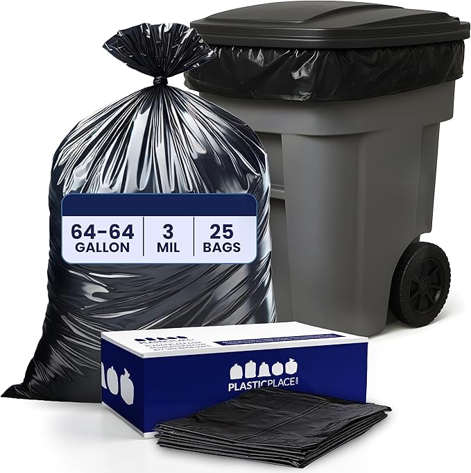 Plasticplace 64-65 Gallon Trash Can Liners for Toter │ 3.0 Mil │ Black Heavy Duty Garbage Bags │ 50” x 60” (25 Count),W65LDBTL3