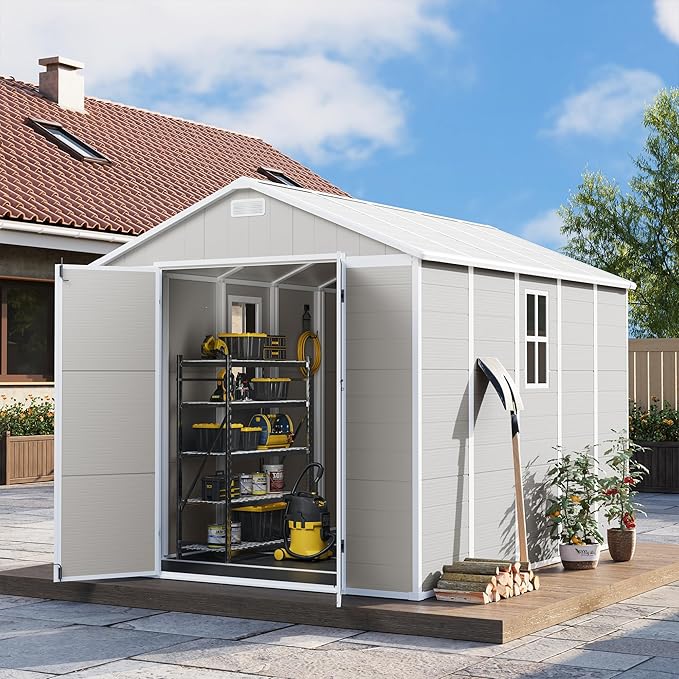 DPATIO Resin Storage Shed 8 x 10 FT, Outdoor Garden Sheds with Floor Plastic Patio Outdoor Storage with Lockable Door for Bike, Garbage Sandstone