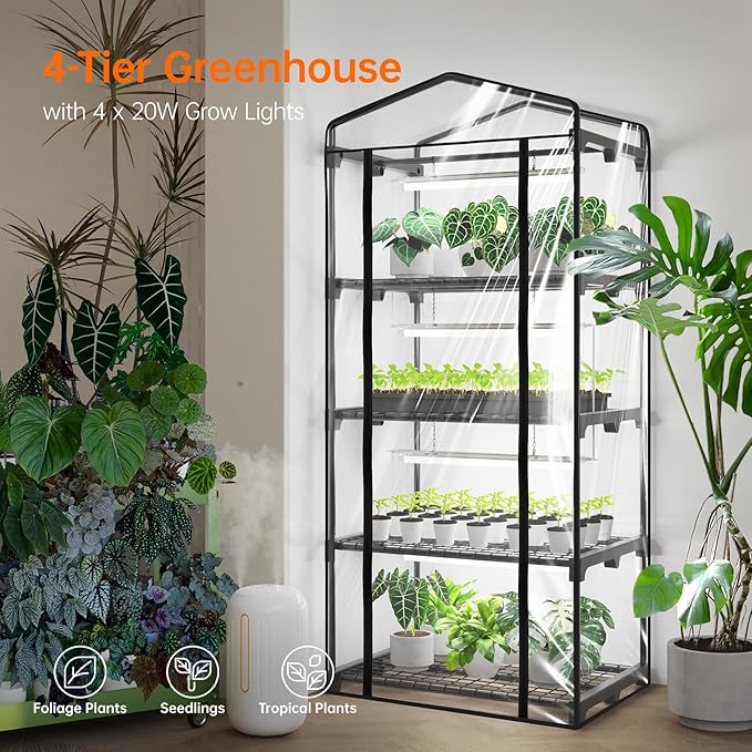 Bstrip Indoor Greenhouse with Grow Light, Mini Green House with 4 Pack 20W Full Spectrum Plant Lights with Timer, Plant Shelf with Tent for Indoor Plant, Seed Starting, Seed Tray, 27.2"x19.9"x61.8"