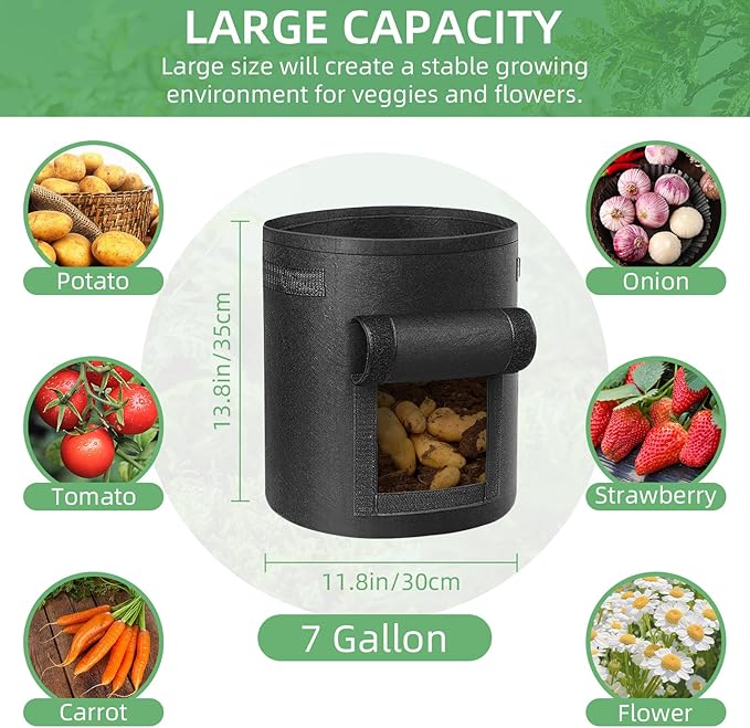 12 Pack 7 Gallon Potato Grow Bags, Heavy Duty Nonwoven Fabric Garden Planting Bag Plant Container with Flap and Handles, Aeration Fabric Pots for Growing Vegetable, Fruits and Flowers