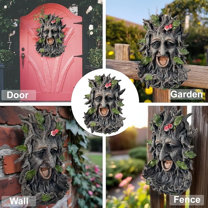 Tree Face Sculpture, Funny Old Man Tree Hugger Statue, Creative Props & Unique Animal Feeder for Indoor & Outdoor Garden, 11.5" x 7.5" x 3.5"