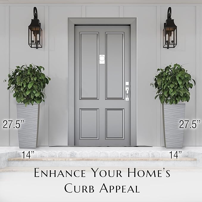 Mueller M-Resin Heavy Duty Tall Planter, Indoor/Outdoor Grande Plant, Tree, Flower Pot, 2-Piece Set, 27.5”, Modern Design, Built-in Drainage, Light Grey