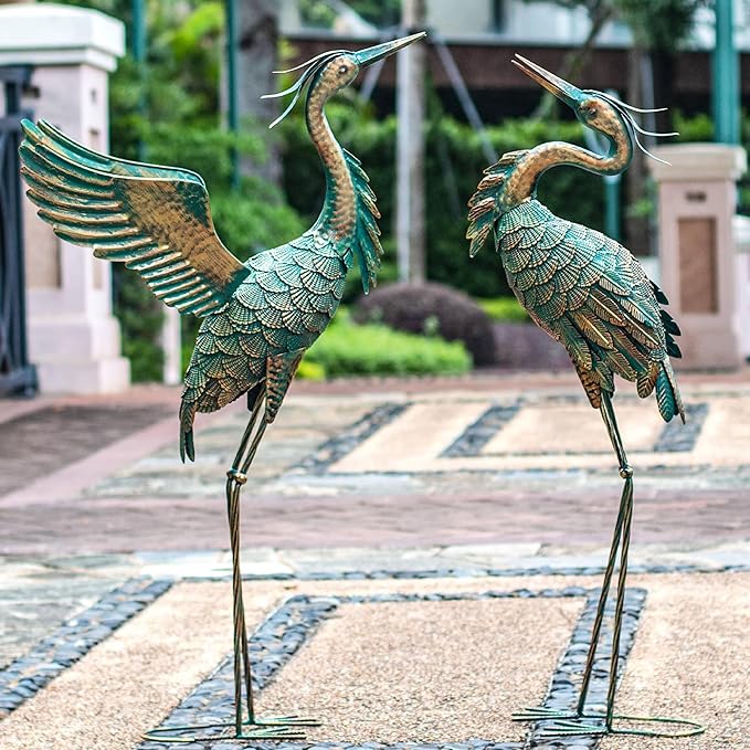 Natelf Metal Crane Garden Statues, Large Heron Outdoor Bird Sculpture Decor for Patio Pond Yard 36-39inch Yard Art, Set of 2